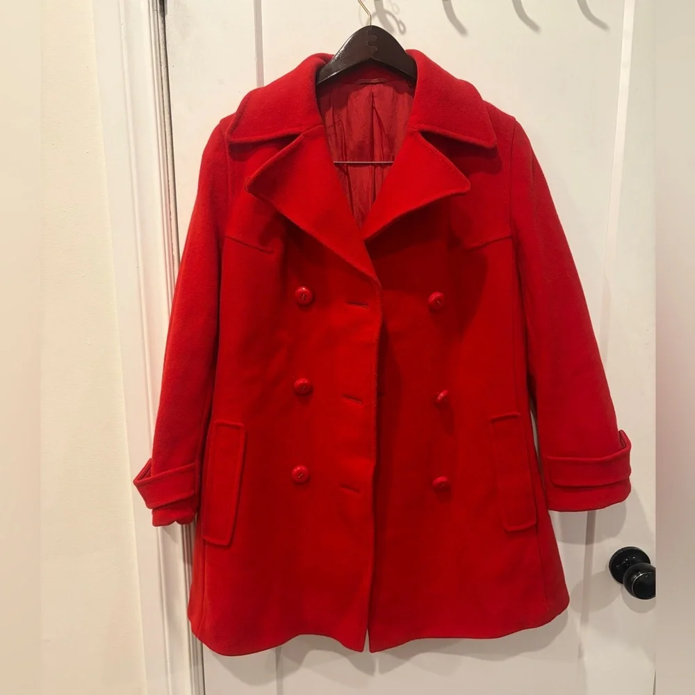 Vintage 60s Red Women's Double-Breasted wool Peacoat Jacket - Picture 1 of 17
